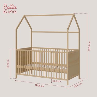 Bellabino Nika Babybett in House Design 70 x 140 cm, cot and house bed for children and babies made of solid pine wood in natural finish, 3-fold height adjustable including slatted base.