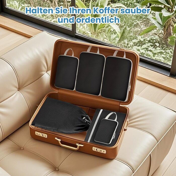 Набір кубиків-органайзерів для подорожей MEUVO - 7 шт. Компресійні сумки для валізи/рюкзака, чорні