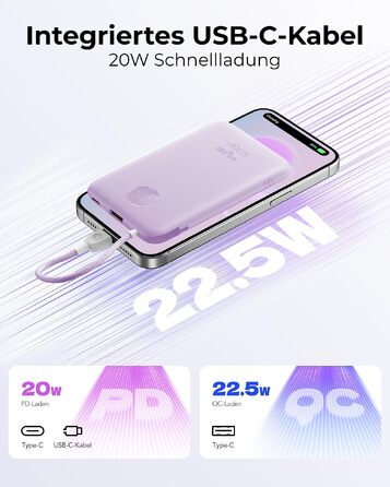 Повербанк VIYISI 10000mAh ультратонкий із вбудованим кабелем USB-C, фіолетовий