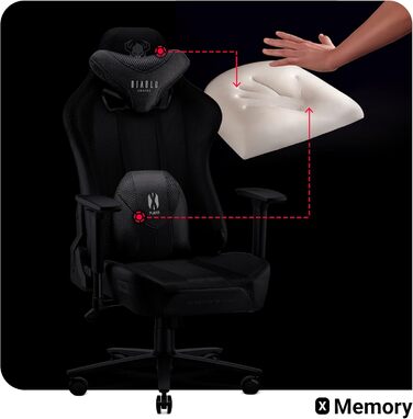 Ігрове крісло Diablo X-Player 2.0 King XL, тканинне, ергономічне, чорне, 3D підлокітники, подушки для шиї та попереку, вага до 160 кг, офісне крісло для геймерів