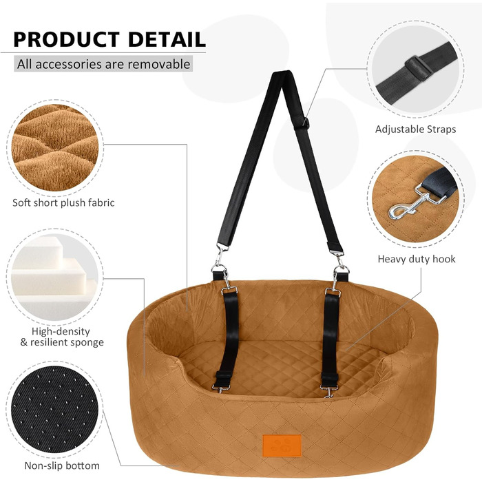 Dog Car Seat for Medium/Large Dogs (Up to 25kg) or 2 Small Dogs - with Safety Leashes & Washable Cushion - Rear Seat (Coffee Color)