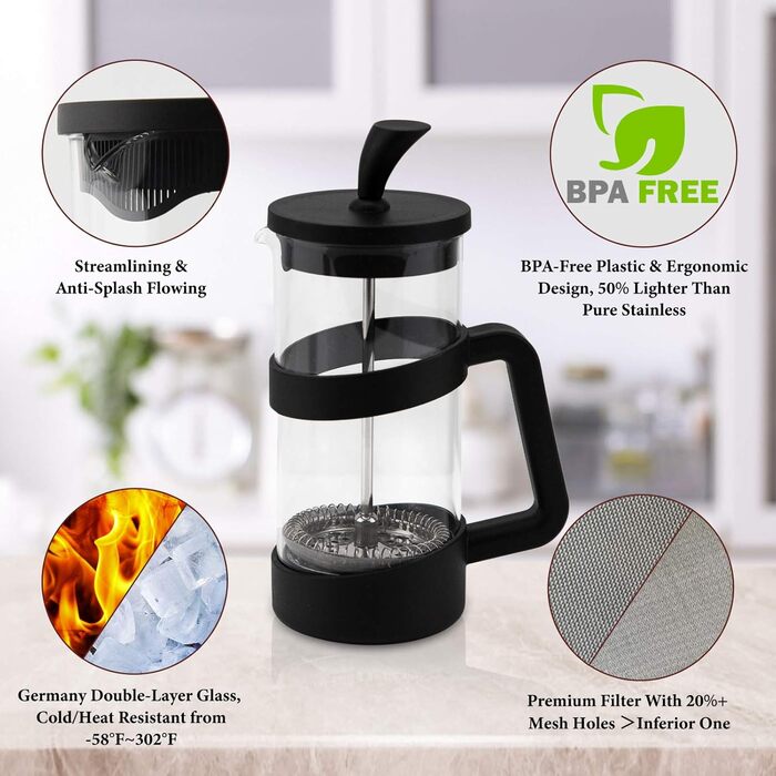 RAINBEAN French Press Maker, 3/6 Cup Coffee Maker Coffee Press for Filter Coffee, Loose Leaf Tea, and Milk Foam, with Triple Stainless Steel Filter, Heat-Resistant Borosilicate Glass, (1000 ML)