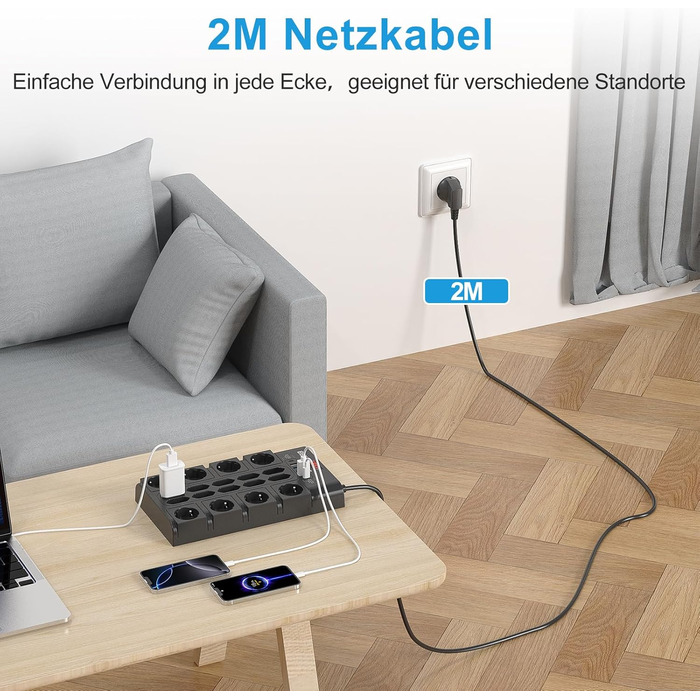 Мережевий фільтр BEVA з 18 розетками, 3680W/16A, захист від перенапруги 2100J, 2 USB-C (15W) + 4 USB-A, з вимикачем, для офісу та дому