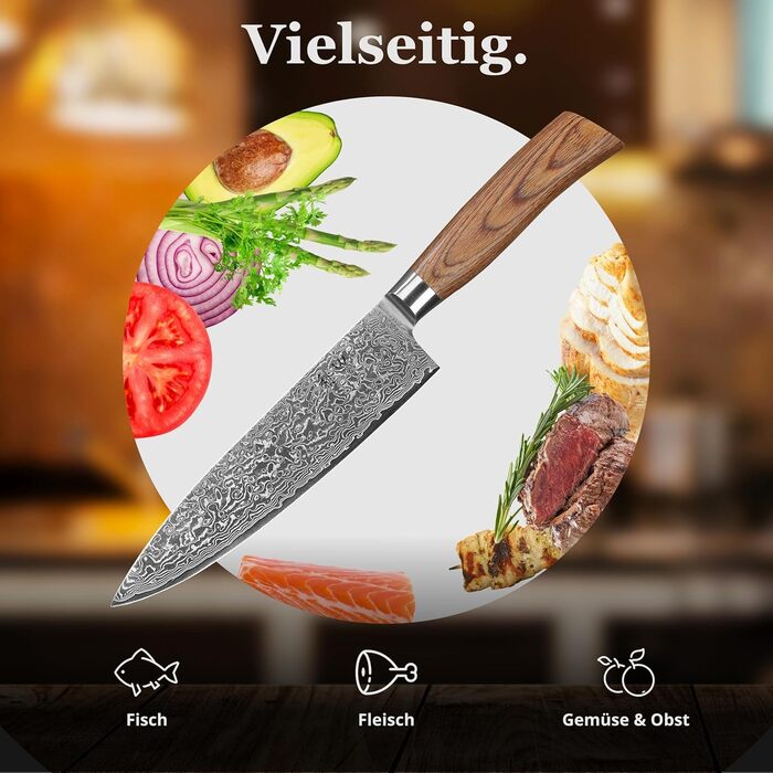 Ніж кухарський Wakoli EDIB Pro з дамаської сталі (серцевина VG10), 20 см - гострий та збалансований, з ручкою з паккавуду в подарунковій коробці - кухонний ніж з дамаску для професійних та аматорських кухарів, срібний