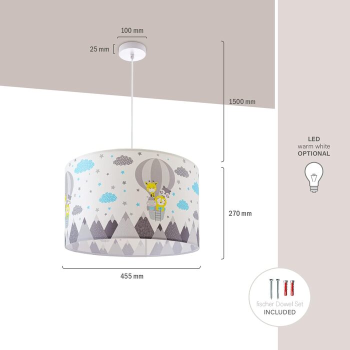 Paco Home Pendant Light, Children's Room Ceiling Lamp, Baby Room Pendant Light, Various Motifs, Boys and Girls, E27, Color: Design 6 (Ø45.5 cm), Light Type___Color: - White (Animals, Long White)