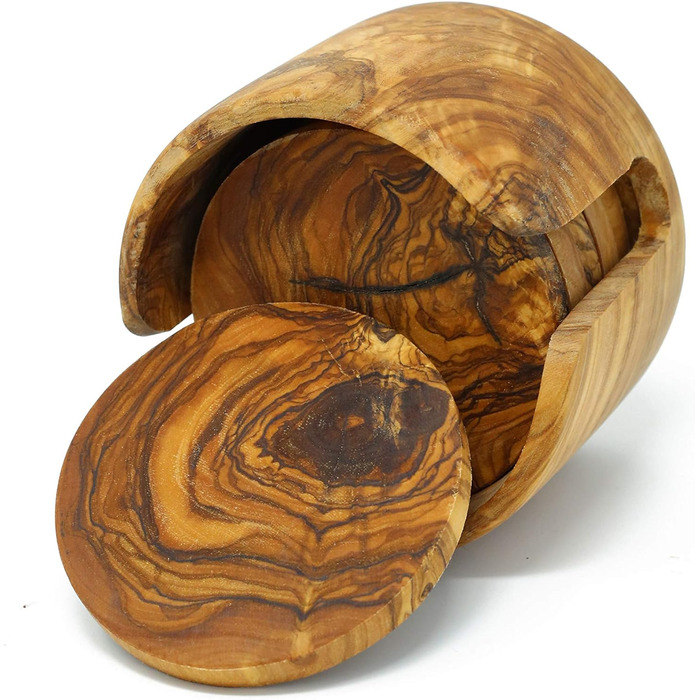 Set of 6 round beer coasters made of olive wood, 8.5 cm in diameter, including storage box. Suitable for glasses, mugs, cups, and vases.