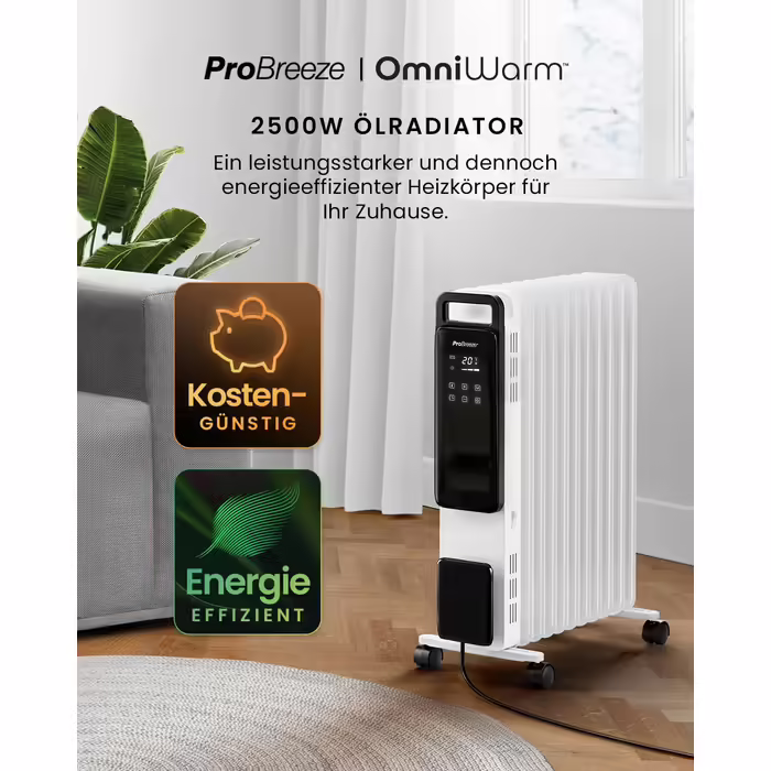 Масляний радіатор Pro Breeze 2500 Вт, 11 секцій, електричний обігрівач, енергоощадний, 3 режими нагріву, регульований термостат, 24-годинний таймер, сенсорне управління, функція безпеки, білий колір, без додатку