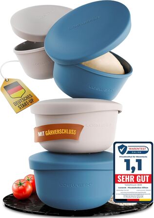 LOEWERK Pizza Ball Box with Lid – 4-Piece Set – Breathable Dough Box for Perfect Pizza Dough - Space-Saving Silicone Pizza Dough Box with Lid, Pizza Box, Pizza Ball Box, Proofing Box – Olive/Gray (4 Pieces blue+gray)