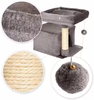 Lionto Scratching Post for Cats with Cozy Lying Area & Cave, Height 50 cm, Cat Tree with Plush Ball incl. Bell, Sisal Rope & Soft Plush, Suitable for Small & Large Cats, (Dark Grey)