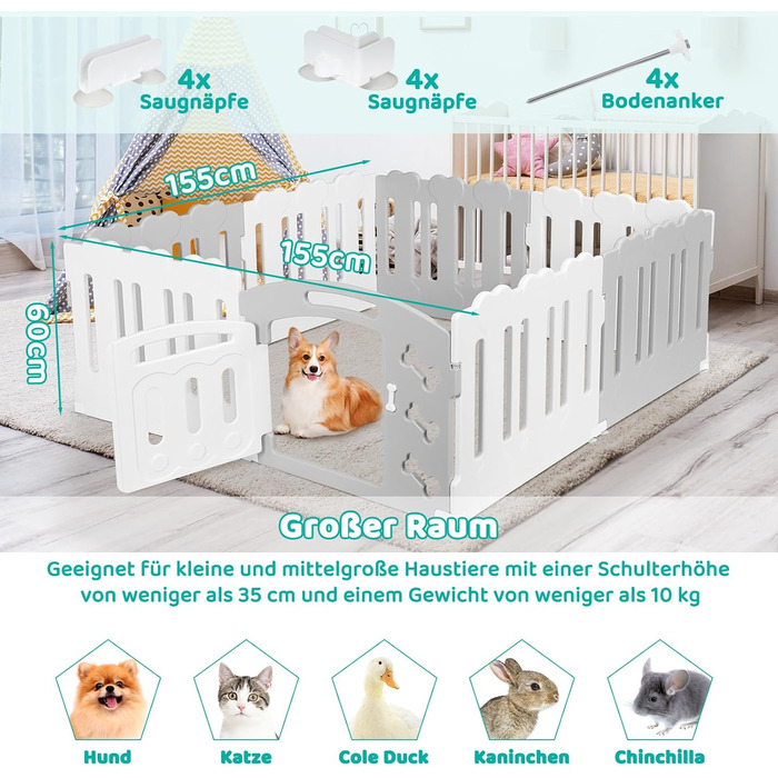 Летворешітка для цуценят Mamizо 60см, сталева та пластикова, з воротами та фіксаторами, для дому та на вулицю (7+1, сіро-біла)