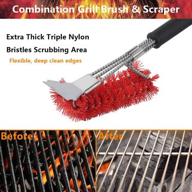 XSUPER Nylon Grill Brush, 3-in-1 Grill Brush and Scraper, Best Nylon Bristle Brushes, 45.7cm Grill Cleaning Brush for a Cool Grill, Scraper for Grill Grates, Universal Grill Accessories
