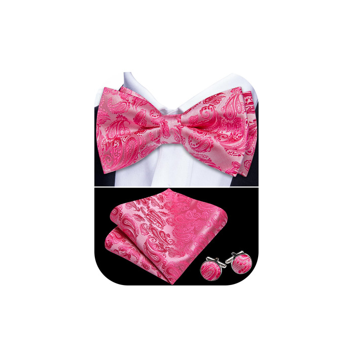 Батерфляй (метелик) для чоловіків Barry.Wang, шовк, візерунок павич, краватка-метелик, нагрудна хустинка та запонки, для весілля, свят, формальних заходів (рожевий)