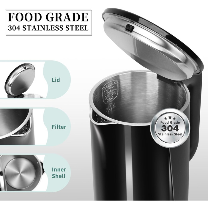 Електричний чайник Aigostar 1.7л, чорний матовий, нержавіюча сталь, 2200W, з подвійними стінками, автоматичне відключення, BPA Free, для кухні та офісу