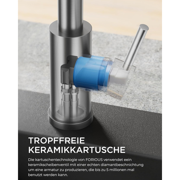 Змішувач кухонний FORIOUS висувний з душем, шланговий, нержавіюча сталь, 360° обертання, 2 режими, L-подібний