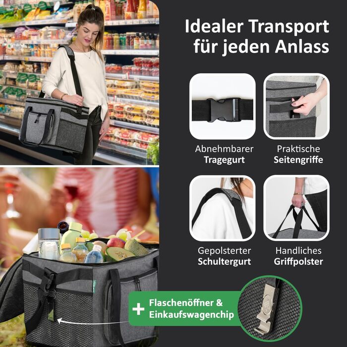 Складана сумка-холодильник 30л, водовідштовхувальна, +12 годин свіжості, міцна ізоляція – сіра сумка-холодильник, сумка для обіду, термосумка для пікніка