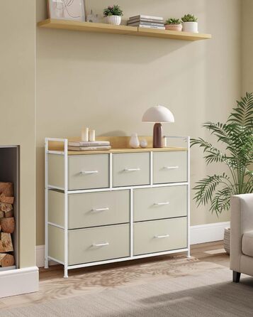 SONGMICS Chest of Drawers, Cabinet, 7 Fabric Drawers with Handles, Metal Frame, Industrial Design, Vintage Brown-Ink Black LTS137B01 (Cream White + Cloud White, 28.5W x 98D x 85H cm)