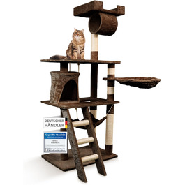 Кігтеточка для котів Foxdevil від xonic® - стабільна, багатофункціональна, з платформою, гамаком, будиночком, іграшкою, 141 см (Коричнева V1)