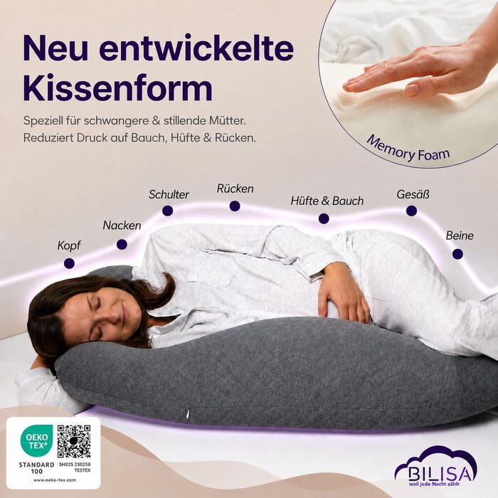 Подушка для вагітних та годування з ефектом пам'яті (Memory Foam), модель 2026 року, змивний чохол, анатомічна подушка для всього тіла