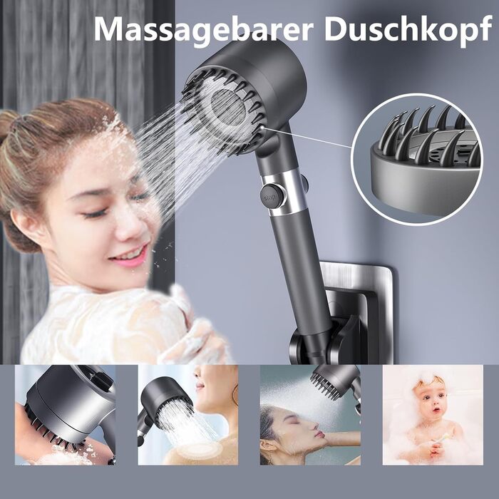 Фільтр для душу з високим тиском, ручна лійка з шлангом, 4 режими, економія води, видаляє хлор та бактерії (DY-001, сірий з сріблястим)