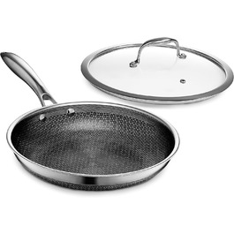 HexClad Hybrid Nonstick Skillet, 25cm with Tempered Glass Lid - Oven & Dishwasher Safe, Induction Compatible