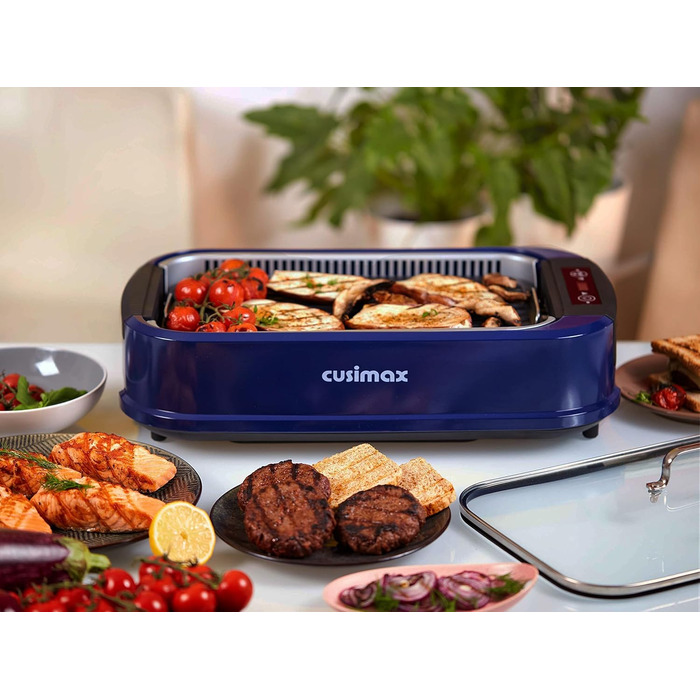 CUSIMAX Steak Grill | 1500W Table Grill Electric | BBQ Grill for Indoor and Outdoor Use | Electric Grill with Lid, Touchscreen Temperature Control, Oil Collection Tray, and Removable Grill Plate Blue