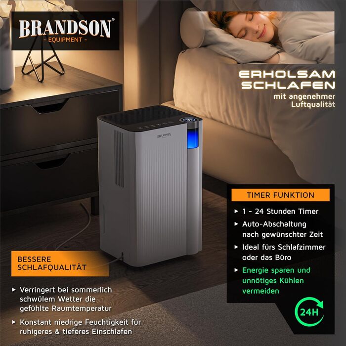 Електричний осушувач повітря Brandson з компресором, 12 літрів, Wi-Fi, з додатком, таймер, відвід води через шланг, захист від замерзання, білий