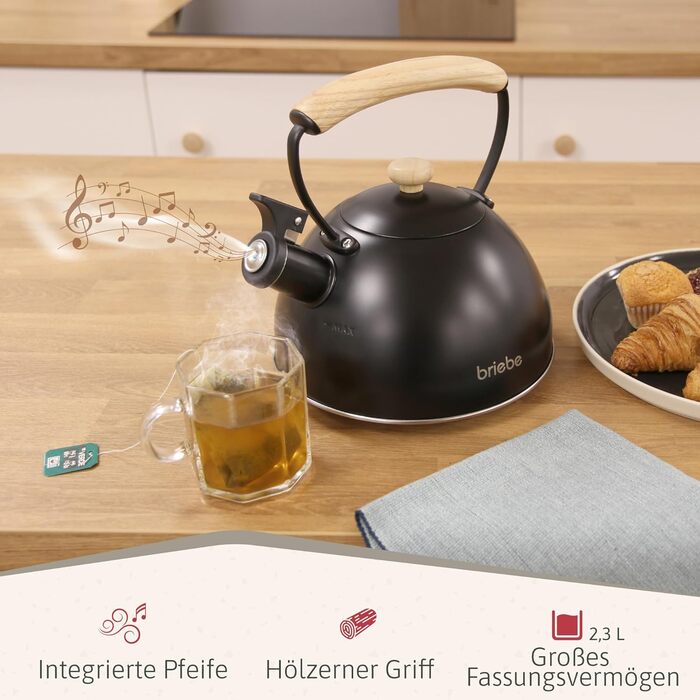 Чайник електричний Nordic Wasserkessel Induktion 2.3L, з свистком, з нержавіючої сталі, ретро дизайн, для всіх типів плит (склокераміка, газ, електро), з дерев'яною ручкою Cool-Touch, для чаю та кави, чорний