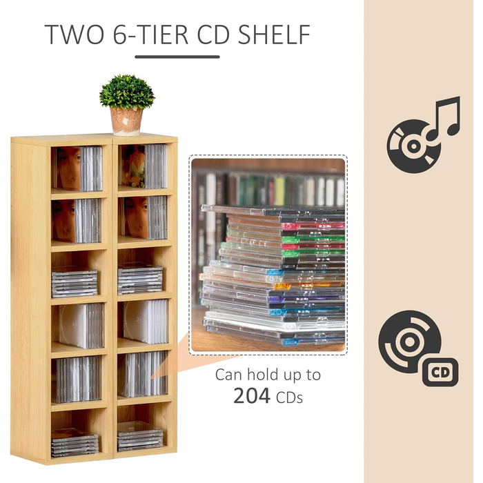 Комплект HOMCOM з 2 стелажів для CD/DVD, 6+6 полиць, 21x19x88 см, до 160 CD, колір бук бежевий, шафа для зберігання дисків
