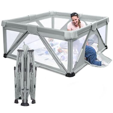 Foldable baby playpen, Heyo. Yes, large play yard, baby and toddler playpen, play fences for babies and toddlers with gate, portable playard for indoor and outdoor use (120 x 160 x 68 cm) Cold Grey 120 x 160 x 68 cm