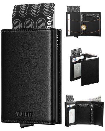 Гаманець-картхолдер VULKIT для чоловіків RFID захист, шкіряний, з відділенням для купюр та ID-вікна (Чорний, натуральна коров'яча шкіра)