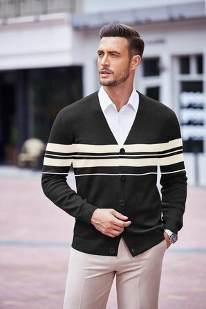 Чоловічий кардиган COOFANDY з V-подібним вирізом, легкий, повсякденний, з ґудзиками (XL, чорний у смужку)