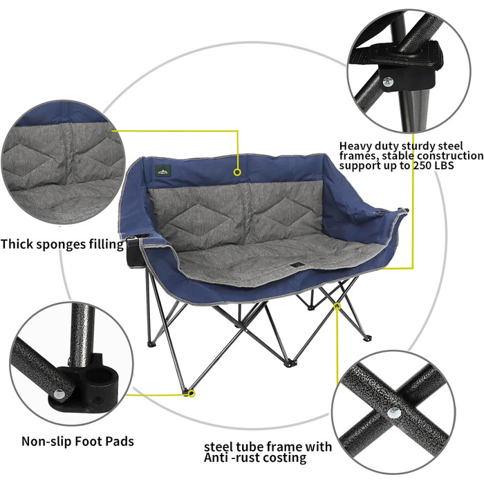 Крісло-диван Northroad Розкладне для кемпінгу на 2 особи, портативне, з підстаканниками та тримачем для келихів, блакитне