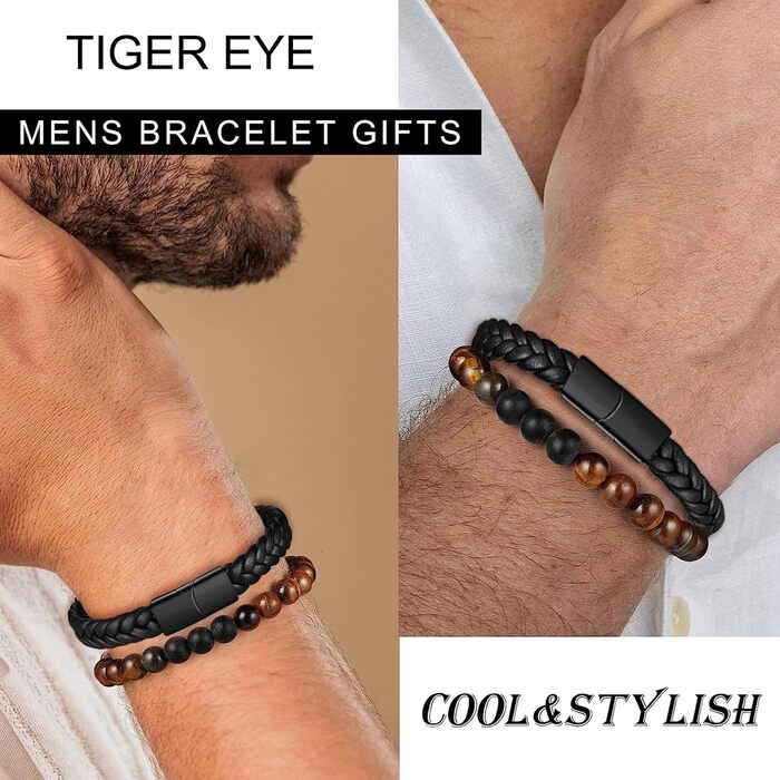 Чоловічий браслет з натуральної шкіри, чорний, плетений, з магнітною застібкою (2 шт.)