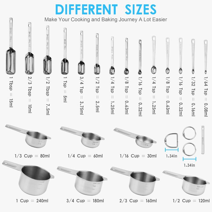 Measuring cup and spoon set, 7 stainless steel measuring cups and 9 measuring spoons and 5 mini measuring spoons and 1 measuring spoon