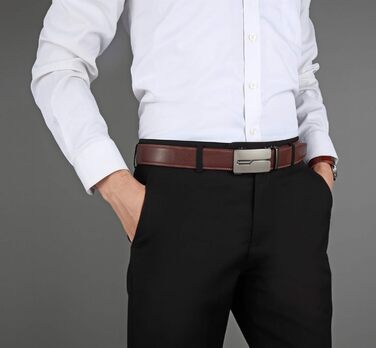 Чоловічий шкіряний ремінь Guvoosm з автоматичною застібкою, 3,5 см, колір коричневий, довжина 125 см, підходить для об'єму талії 92-107 см, для ділового костюма