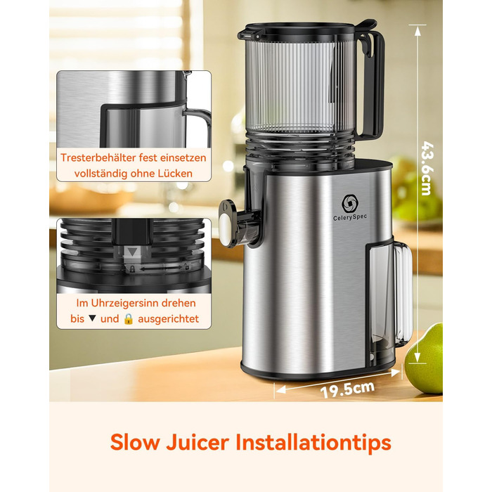 Соковитискач CelerySpec Slow Juicer - переможець тесту, для цілих овочів та фруктів, 130 мм, 1.8л, BPA-free, 250W, з функцією зворотного ходу, нержавіюча сталь, чорний