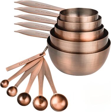 Copper-Plated Measuring Cup and Spoon Set, 5 Stainless Steel Measuring Cups and 5 Metal Measuring Spoon Set with Leveler, US and Metric Kitchen Measuring Cup and Spoon Set for Baking and Cooking