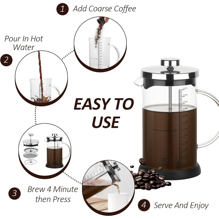 Френч-прес 600мл з нержавіючою сталлю, кавова преса, для приготування кави та чаю, стійке до нагрівання скло, підходить для миття в посудомийній машині