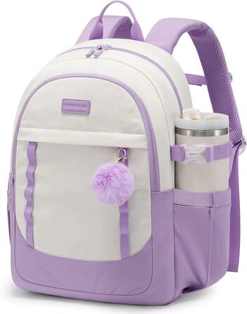Шкільний рюкзак LOVEVOOK для дівчаток-підлітків, 15.6 дюймів, з відділенням для ноутбука, легкий, з помпоном, для школи, середньої школи, світло-жовтогарячий (15.6 дюймів, Y-бежевий світло-фіолетовий)