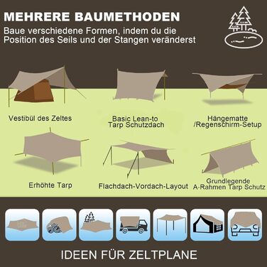 Водонепроникна тентова накидка Tarp 3.7 x 4.3 м з опорами, кільцями, шнуром, для кемпінгу, відпочинку на природі, захисту від сонця та дощу (Хакі)