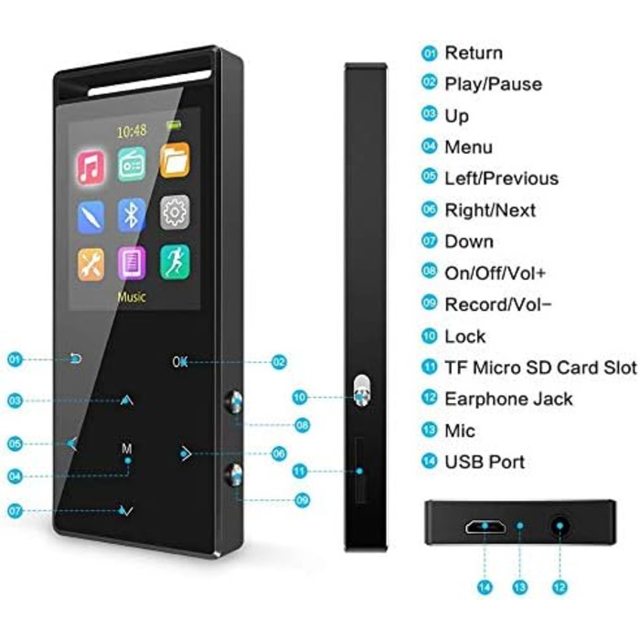 MP3-плеєр 64GB MUSRUN з Bluetooth, HiFi, AUX-запис, FM-радіо, чорний матовий