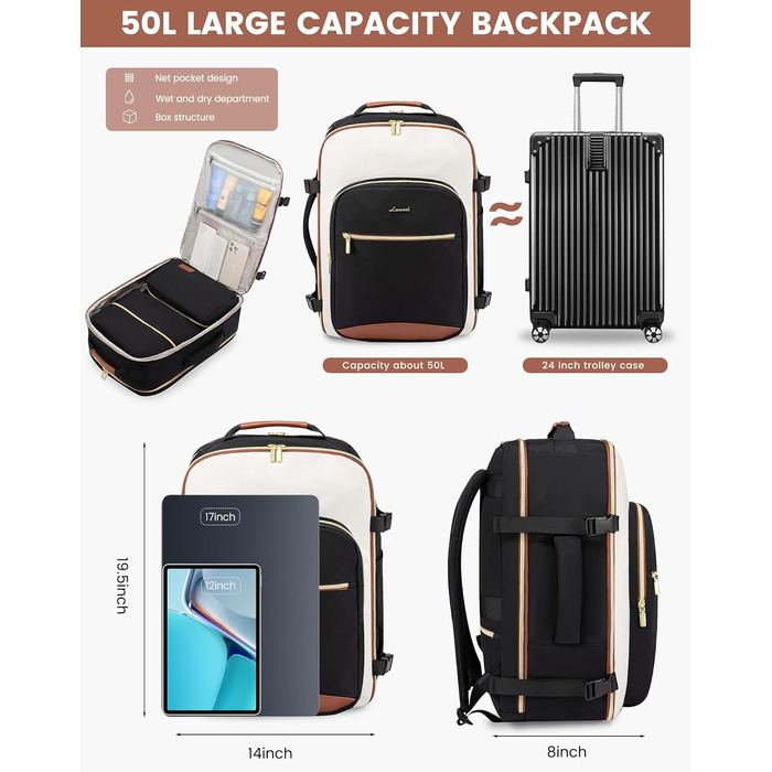 Рюкзак LOVEVOOK для ручної поклажі літака, 40L, водонепроникний, для ноутбука 17 дюймів, для подорожей, школи, роботи, кемпінгу (бежевий+чорний+коричневий)