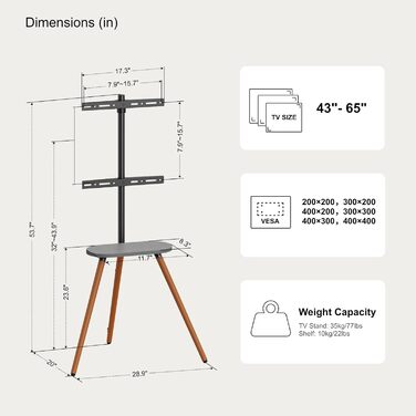Підставка для телевізора 43-65 дюймів: регульована, поворотна, з дерев'яною полицею, VESA 400x400, чорний, мінімалістичний дизайн