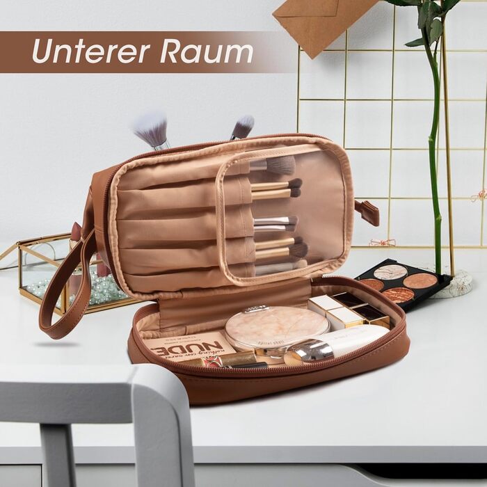 Косметичка для жінок Abiudeng: велика, водонепроникна, з відділенням для пензлів. Ідеальна для подорожей та зберігання макіяжу. Колір: коричневий