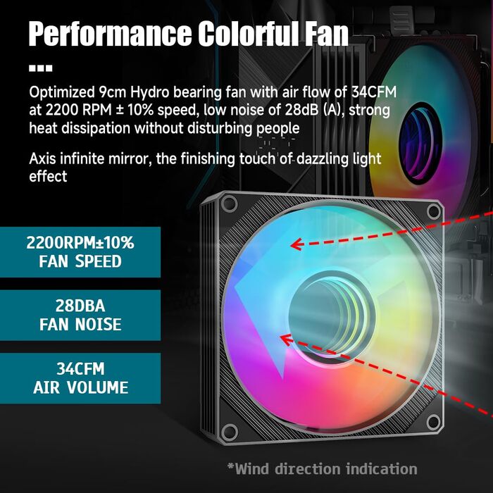 Охолоджувач CPU TZMRIT KF200 з 2 тепловими трубами, RGB LED, чорний, 9 см, 2200 RPM, для LGA115X/1200/17XX/1366, FM1/FM2/AM2/AM3/AM4/AM5