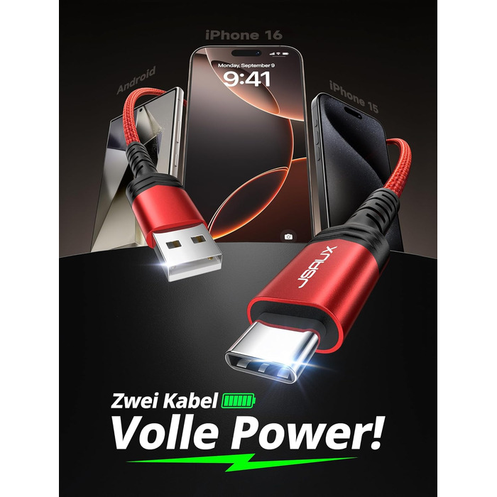 Кабель USB-C JSAUX 3.1A (2 шт. по 2м), 2 шт., червоний, для Samsung Galaxy, iPhone, PS5, CarPlay, нейлон, швидка зарядка