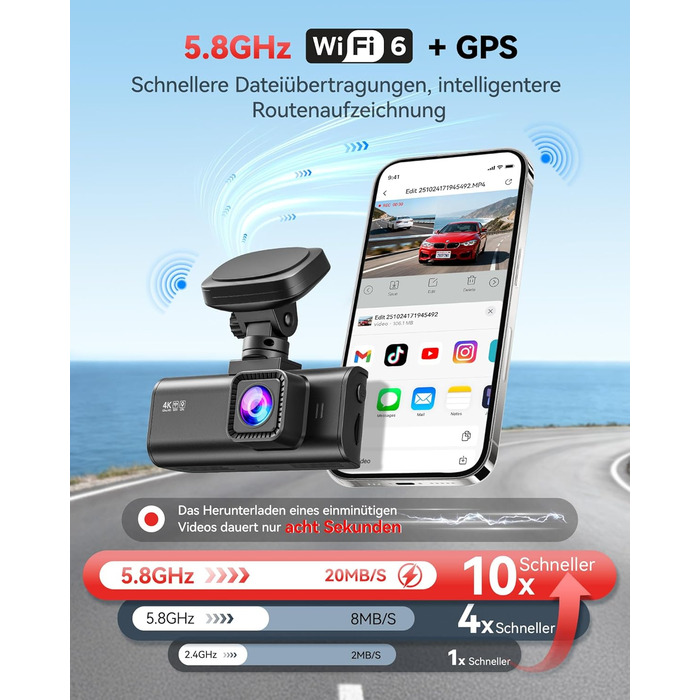 Автомобільний відеореєстратор REDTIGER F7N 4K з WiFi та GPS, передня камера 4K/2.5K, задня 1080P, кут 170°, моніторинг паркування, карта пам'яті 64ГБ у комплекті