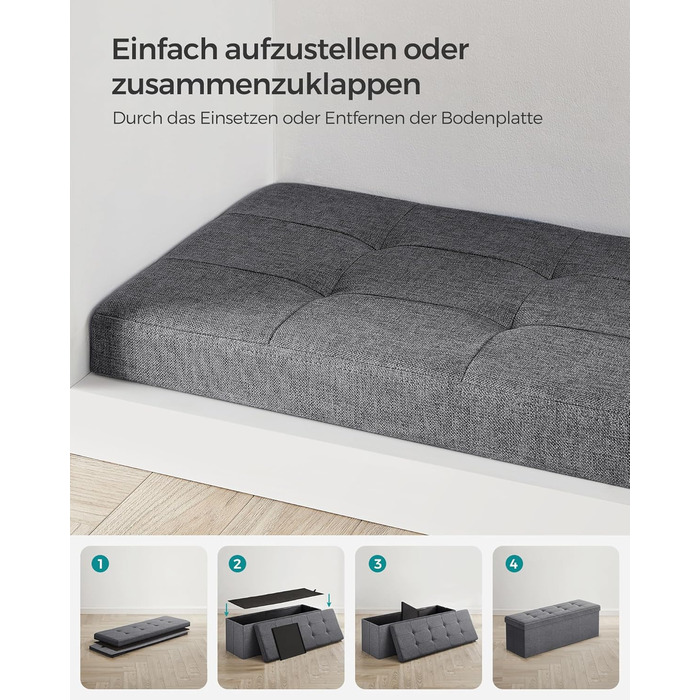 SONGMICS Storage Ottoman, Folding Bench, 38 x 110 x 38 cm Footstool, Storage Box, Load Capacity up to 300 kg, for Living Room, Bedroom, Entryway, Slate Grey LSF77K 110B cm Slate Grey