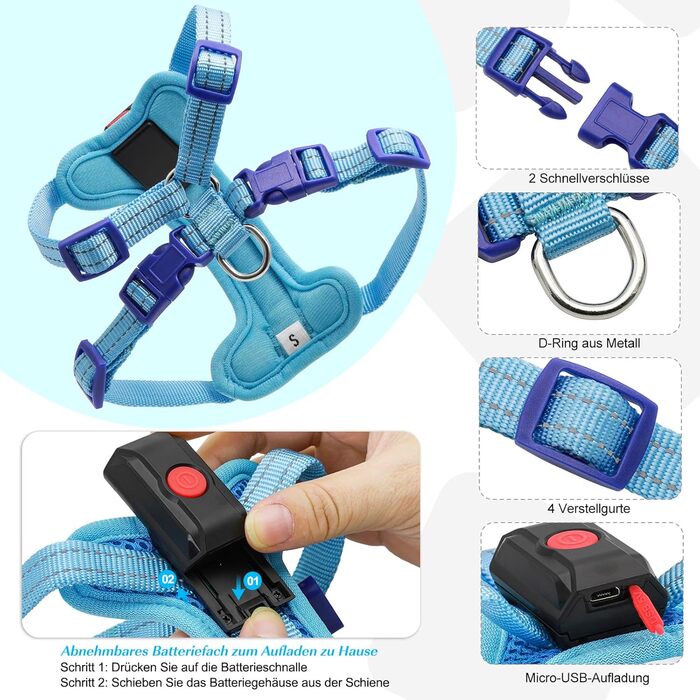 Світловідбиваючий нашийник для собак PZRLit з підзарядкою, для маленьких собак XS, LED нашийник для цуценят, безпечні прогулянки вночі (Блакитний)