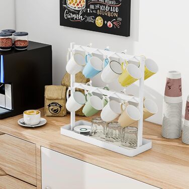 YUMORE Mug Rack with 16 Hooks, Mug Stand, Metal Coffee Cup Holder with Storage Bottom, Coffee Cup Holder, Cup Rack for Kitchen, Dining Room, Cafe Counter, 42 * 15 * 41.5cm (White)
